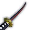 Vue en perspective du katana Shusui, mettant en avant sa garde en forme de fleur dorée, son manche noir tressé et sa lame noire avec une ligne rouge dentelée traversant sa longueur, accentuant son allure saisissante.