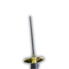 Vue de la lame noire du katana Shusui s'étendant depuis sa garde dorée, mettant en valeur sa finition élégante et son manche enveloppé de tissu noir sur un fond neutre.
