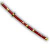 Katana Sandai Kitetsu entièrement gainé dans son fourreau rouge vif, orné de détails dorés et d’un tressage rouge et noir sur la poignée.