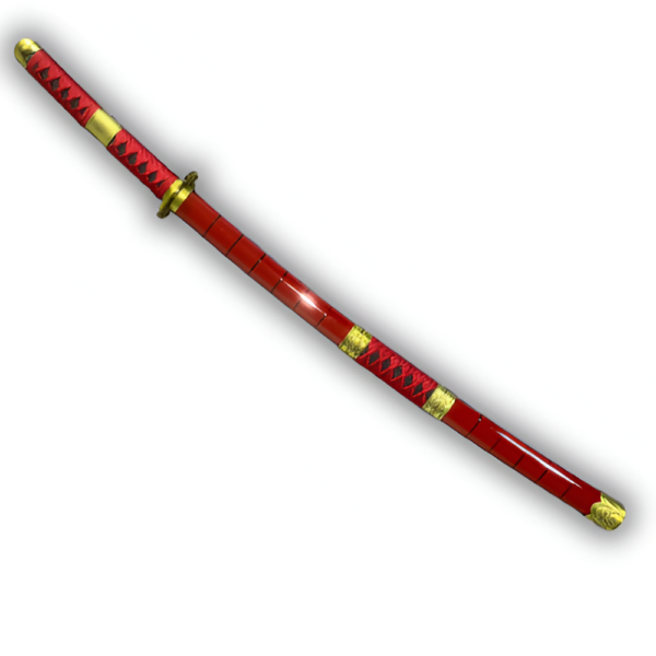 Katana Sandai Kitetsu entièrement gainé dans son fourreau rouge vif, orné de détails dorés et d’un tressage rouge et noir sur la poignée.