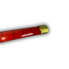 Fourreau rouge brillant du katana Sandai Kitetsu avec des lignes noires et un embout doré gravé.