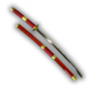 Ensemble complet du katana Sandai Kitetsu, comprenant la lame détaillée et le fourreau rouge avec ornements dorés, présenté côte à côte pour une vue complète de ses finitions.