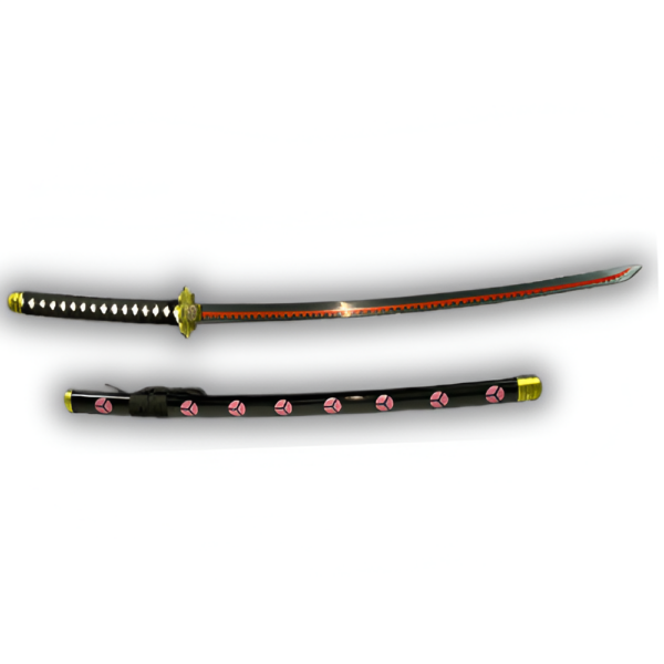 Vue complète du katana Shusui, montrant la lame avec son motif rouge distinctif et le fourreau noir orné de motifs roses et d'une garniture dorée.