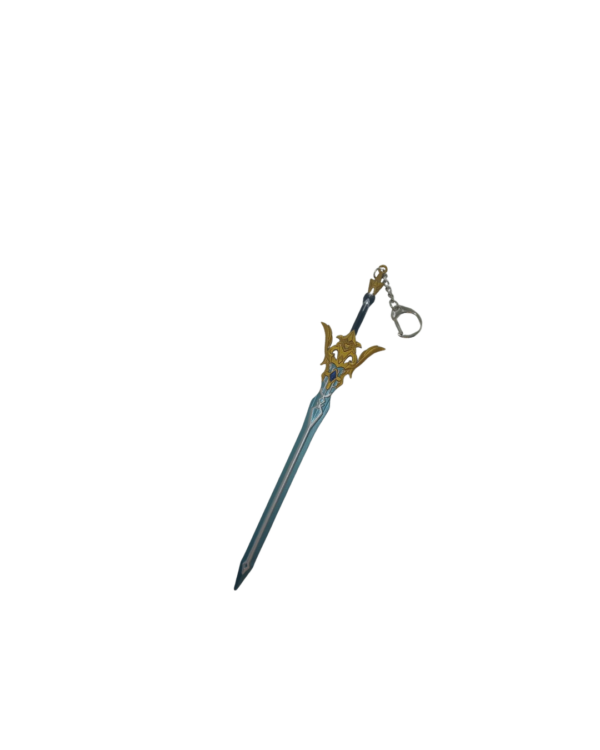 Porte-clés représentant une épée inspirée de l’univers de Genshin Impact, avec une lame bleutée et une garde dorée aux motifs détaillés.