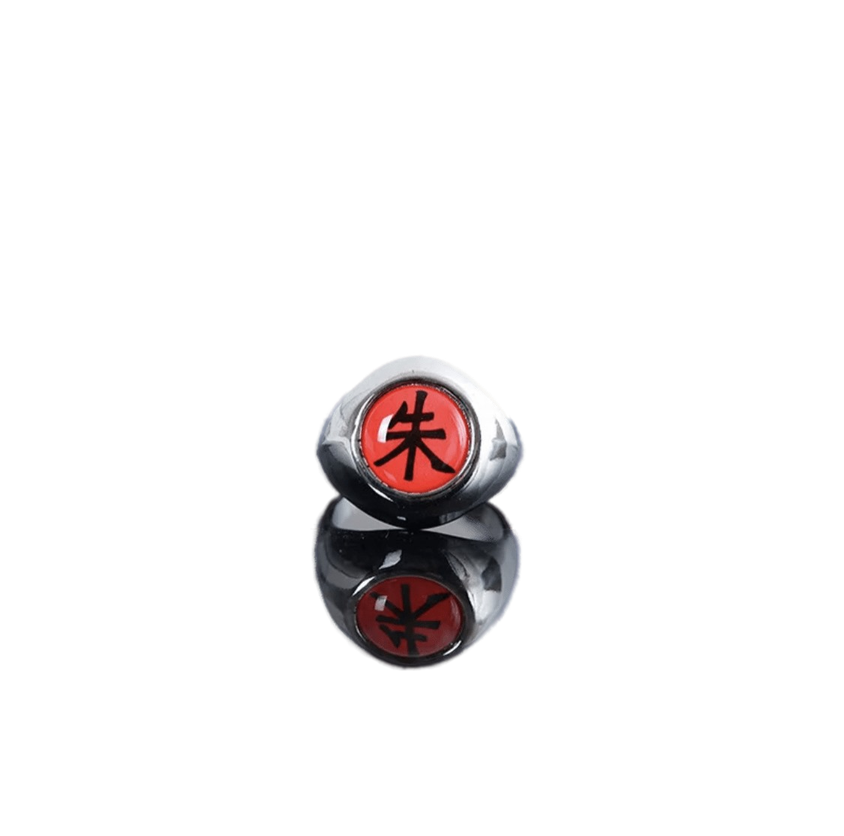 Bague d’Itachi Uchiha, réplique fidèle de l’anneau de l’Akatsuki dans Naruto. L’anneau arbore un fond rouge vif avec le kanji 朱 (Shu) signifiant "écarlate", porté par Itachi sur son annulaire droit. Un accessoire incontournable pour les fans et les cosplayers de l’univers Naruto.