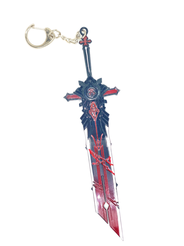 Porte-clés miniature de l'épée Mort du Loup, inspiré de Genshin Impact. Son design noir et rouge, agrémenté de détails complexes, rappelle la puissance de cette arme iconique. Un accessoire idéal pour les fans du jeu et les collectionneurs