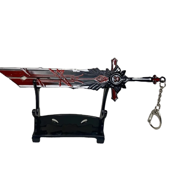 Mini réplique de l'épée Mort du Loup, inspirée de Genshin Impact. Cette épée imposante affiche un design noir et rouge avec des détails raffinés, évoquant la puissance brute du loup. Accompagnée d'un support élégant, elle est parfaite pour les collectionneurs et les passionnés du jeu.