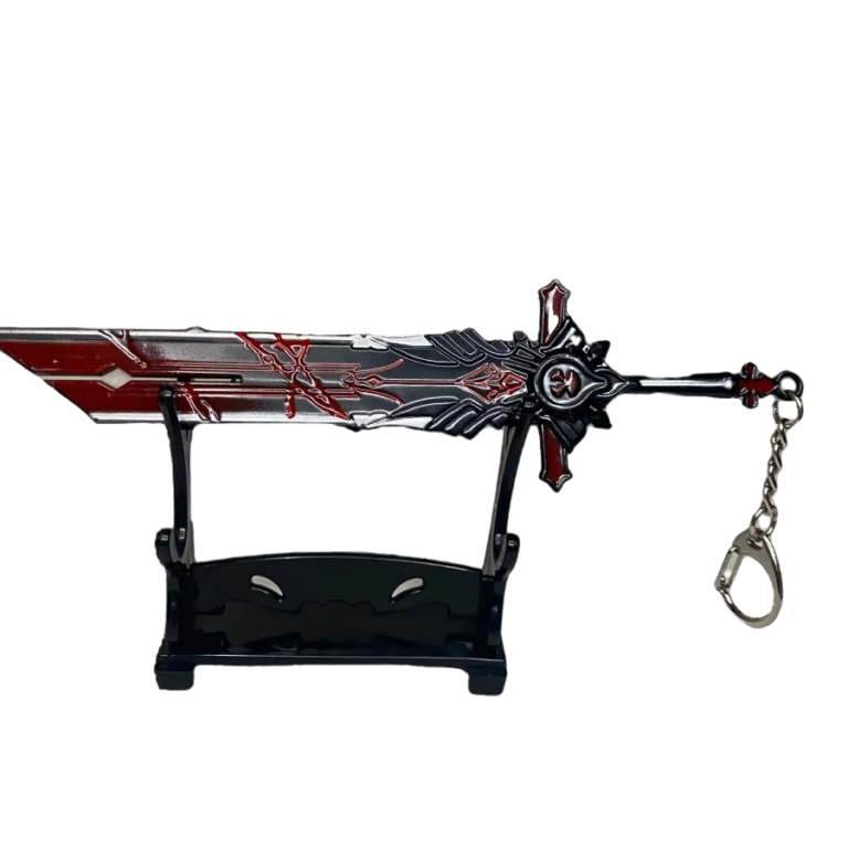 Mini réplique de l'épée Mort du Loup, inspirée de Genshin Impact. Cette épée imposante affiche un design noir et rouge avec des détails raffinés, évoquant la puissance brute du loup. Accompagnée d'un support élégant, elle est parfaite pour les collectionneurs et les passionnés du jeu.