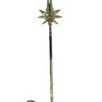 Mini réplique de la Lance de Jade Ailé inspirée de Genshin Impact, ornée de motifs dorés sur un manche vert et noir. La pointe effilée présente une ouverture centrale et des détails sculptés en forme d’ailes dorées. Une chaîne métallique est attachée à l’extrémité pour servir de porte-clés.