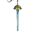 Mini réplique de la Lame de la Voûte d'Azur, inspirée de Genshin Impact, exposée sur un support noir. L'épée arbore une lame bleu vif avec des motifs dorés détaillés sur la garde, qui adopte une forme majestueuse et ornée. Une chaîne métallique avec un anneau est attachée au manche pour servir de porte-clés.