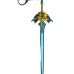 Mini réplique de la Lame de la Voûte d'Azur, inspirée de Genshin Impact, exposée sur un support noir. L'épée arbore une lame bleu vif avec des motifs dorés détaillés sur la garde, qui adopte une forme majestueuse et ornée. Une chaîne métallique avec un anneau est attachée au manche pour servir de porte-clés.