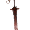 Mini réplique de l'épée Mort du Loup, inspirée de Genshin Impact, exposée sur un support noir. Cette épée imposante arbore une lame noire et rouge aux motifs acérés et tranchants, évoquant la puissance des loups. Une chaîne et un anneau métallique sont fixés à la poignée, en faisant un porte-clés de collection parfait pour les fans du jeu.
