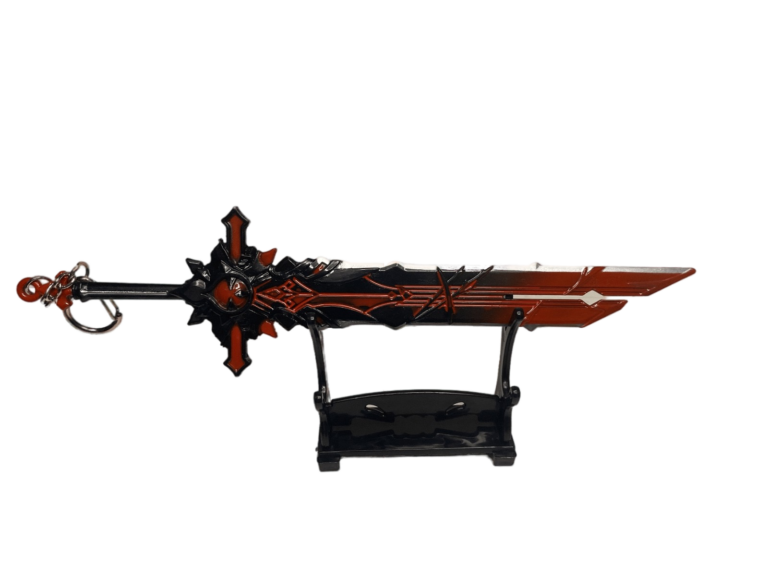 Mini réplique de l'épée Mort du Loup, inspirée de Genshin Impact, exposée sur un support noir. Cette épée imposante arbore une lame noire et rouge aux motifs acérés et tranchants, évoquant la puissance des loups. Une chaîne et un anneau métallique sont fixés à la poignée, en faisant un porte-clés de collection parfait pour les fans du jeu.