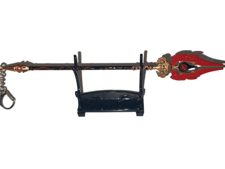 Porte-clés Bâton Homa, réplique miniature de l’arme emblématique de Genshin Impact, idéale pour les fans et collectionneurs."
