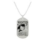 Plaque militaire en métal avec une chaîne à billes, représentant l’avis de recherche de Monkey D. Luffy tiré de One Piece. L’inscription "WANTED" est en haut, avec un portrait souriant du capitaine des Mugiwara, et une prime affichée à 1 500 000 000 berries.
