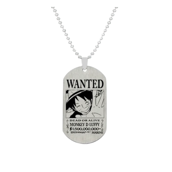 Plaque militaire en métal avec une chaîne à billes, représentant l’avis de recherche de Monkey D. Luffy tiré de One Piece. L’inscription "WANTED" est en haut, avec un portrait souriant du capitaine des Mugiwara, et une prime affichée à 1 500 000 000 berries.