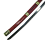 Détail du katana Sandai Kitetsu de One Piece, mettant en avant son fourreau rouge brillant, ses ornements dorés et son manche tressé en rouge et noir. La lame arbore un motif distinctif en dents de scie sur le tranchant.