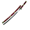 Katana Sandai Kitetsu de One Piece avec son fourreau rouge orné de détails dorés et son manche tressé en rouge et noir. La lame légèrement courbée arbore un motif distinctif sur son tranchant.