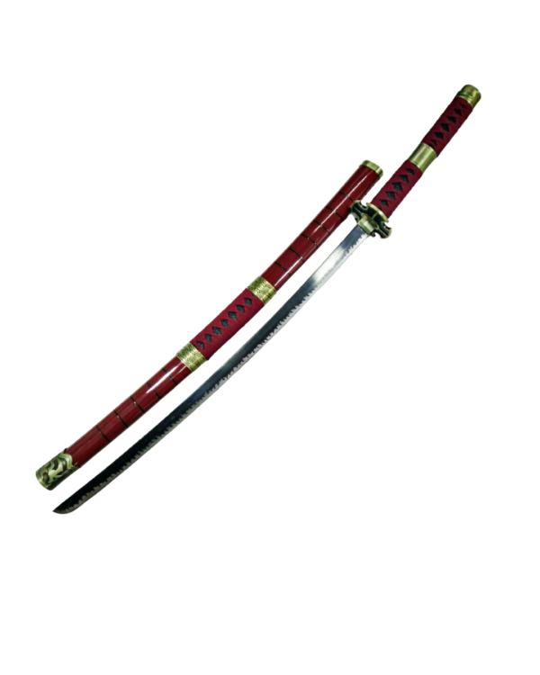 Katana Sandai Kitetsu de One Piece avec son fourreau rouge orné de détails dorés et son manche tressé en rouge et noir. La lame légèrement courbée arbore un motif distinctif sur son tranchant.
