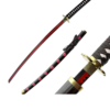 Réplique détaillée du katana Shusui de Roronoa Zoro dans One Piece, avec une lame noire ornée de motifs rouges, une garde dorée et un manche tressé noir et blanc, accompagné de son fourreau noir décoré de symboles roses.