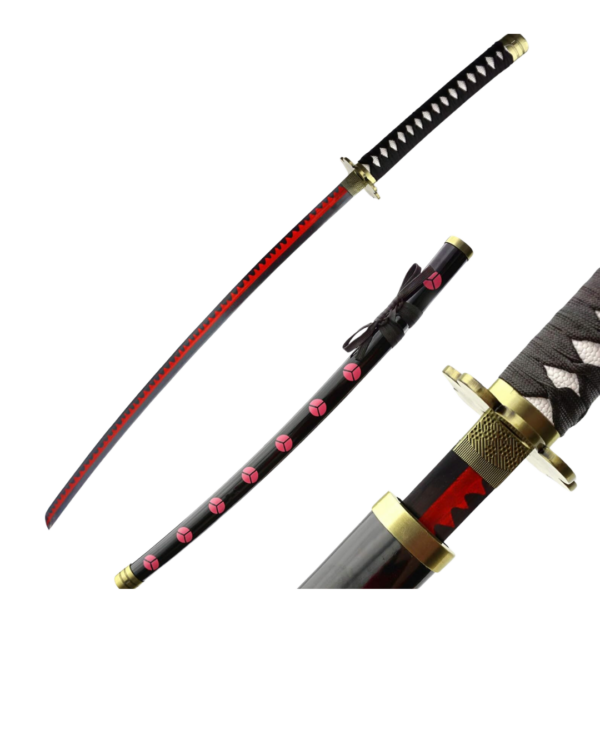 Réplique détaillée du katana Shusui de Roronoa Zoro dans One Piece, avec une lame noire ornée de motifs rouges, une garde dorée et un manche tressé noir et blanc, accompagné de son fourreau noir décoré de symboles roses.