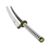 Réplique du katana Wado Ichimonji de Roronoa Zoro, avec son manche tressé en blanc et noir et sa garde dorée, accompagné de son fourreau blanc élégant.