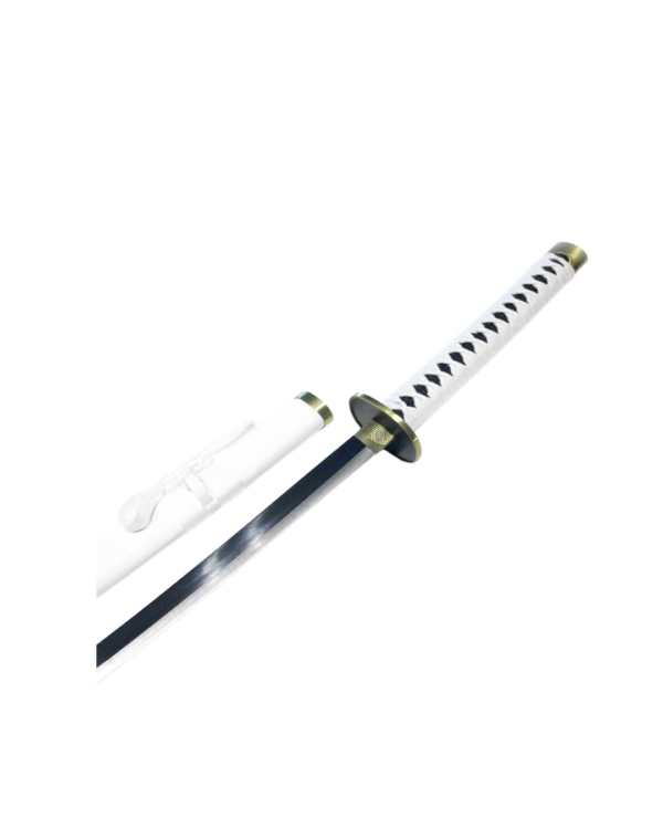 Katana blanc au design épuré, inspiré de l'univers de One Piece, avec un manche tressé en blanc et noir et une lame élégante.