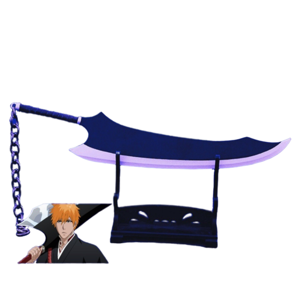 Mini réplique de l'épée Zangetsu d'Ichigo Kurosaki de Bleach, montée sur un support noir. La lame est courbée avec un tranchant blanc et une finition sombre. Le manche est entouré d'une chaîne métallique violette, fidèle au design de l'anime. Une image du personnage Ichigo Kurosaki en tenue de shinigami est affichée en bas à gauche.