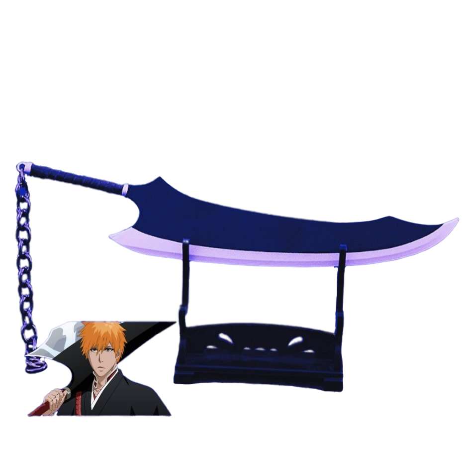 Mini réplique de l'épée Zangetsu d'Ichigo Kurosaki de Bleach, montée sur un support noir. La lame est courbée avec un tranchant blanc et une finition sombre. Le manche est entouré d'une chaîne métallique violette, fidèle au design de l'anime. Une image du personnage Ichigo Kurosaki en tenue de shinigami est affichée en bas à gauche.