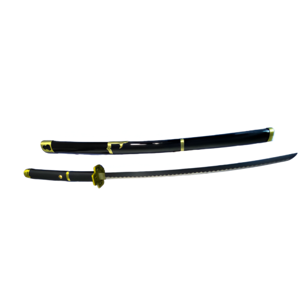 Vue complète du katana Yubashiri de Zoro, avec la lame dégainée à côté de son fourreau noir et doré, orné de motifs raffinés.