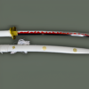 Katana Ame no Habakiri présenté avec son fourreau blanc décoré de motifs dorés et sa lame ornée d'un motif rouge ondulé, posé sur un fond neutre.