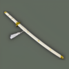 Katana Ame no Habakiri présenté dans son intégralité, avec son fourreau blanc élégant orné de motifs dorés et une cordelette blanche attachée au manche.