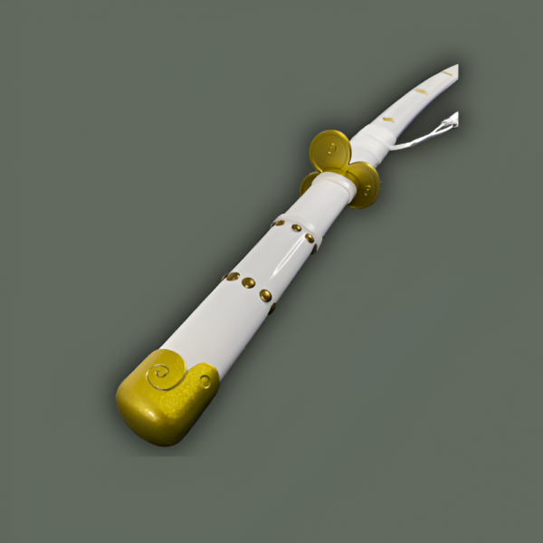 Vue inclinée du katana Ame no Habakiri, mettant en valeur son fourreau blanc orné de détails dorés et sa garde circulaire au design floral.